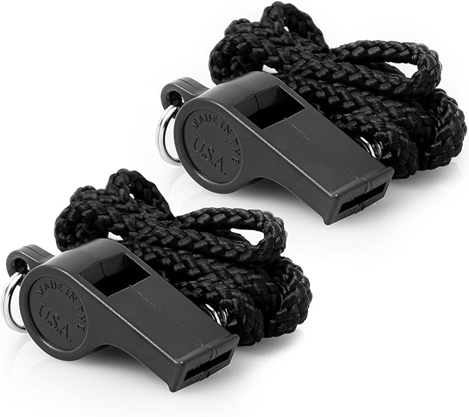 American Whistle Corporation Patriot 2-Pack - 115 db Plastic Whistles with Lanyards - Made in USA (Black)