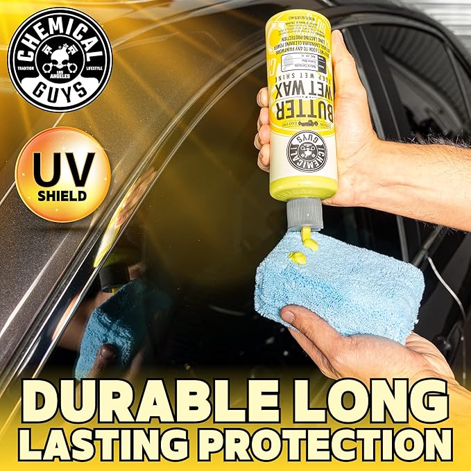 Chemical Guys Butter Wet Wax - Deep Wet Shine Car Wax for Cars, Trucks, SUVs, RVs, and More, Easy On/Off Liquid Formula, Banana Scent - 16 fl oz