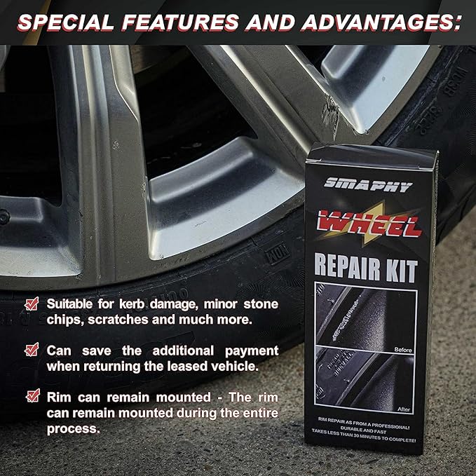SMAPHY Gloss Black Rim Touch Up Paint, Rim Repair Kit Curb Rash, Wheel Scratch Repair Kit Wheel Paint Rim Paint Pen for Wheel Repair, Universal Color Gloss Black for Rims(Liquid Aluminium Filler)