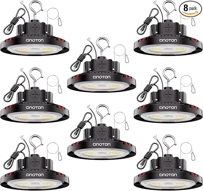 CINOTON UFO LED High Bay Light, 160W/120W/80W Switchable, AC100-277V LED Shop Lights with US Plug, 24000LM Dimmable 0-10V Commercial Bay Lighting for Garage Workshop 5000K Daylight-UL Listed, 8 Pack