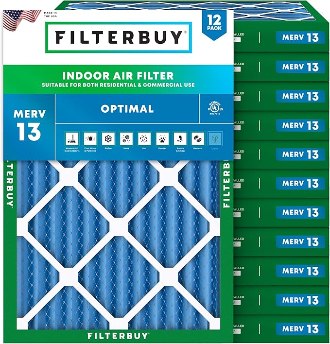 Filterbuy 18x25x2 Air Filter MERV 13 Optimal Smoke & Allergy Defense (12-Pack), Electrostatic Pleated HVAC AC Furnace Filters Replacement, Made in USA (Actual Size: 17.50 x 24.50 x 1.75)