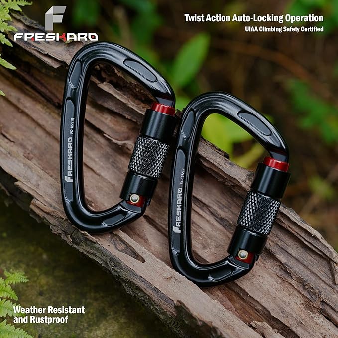 FresKaro UIAA Certified 25KN Auto Locking Climbing Carabiner Clips, Twist Lock, and Heavy Duty Carabiners for Rock Climbing, Rappelling, and Mountaineering, D Shaped