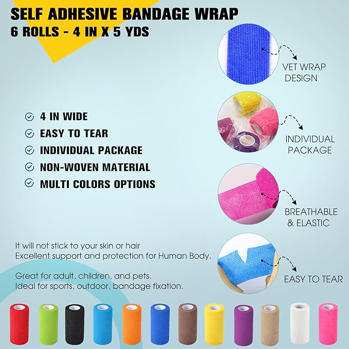6 Pack Self Adhesive Bandage Wrap, 4 in x 5 Yards Non-Woven Self Adherent Cohesive Bandage, Vet Wrap Wound Tape for Thumb Finger Wrist Knee Ankle, Black