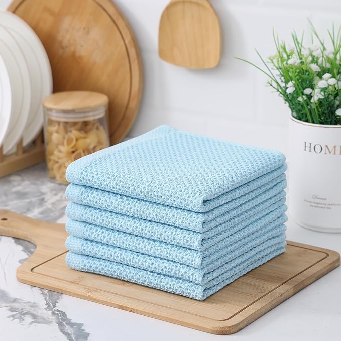 Kitinjoy 100% Cotton Kitchen Dish Cloths (12 X 12 Inches, Sky Blue),6 Pack Waffle Weave Ultra Soft Absorbent Dish Towels for Drying Dishes Quick Drying Kitchen Towels Dish Rags