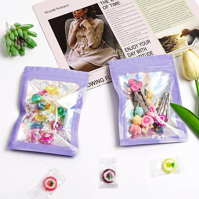 Funfery 300 Pack Smell Proof Resealable Bags for Food Storage,Holographic Bags 4x6 Purple Mylar Clear Packaging Bag- Scent Proof for Cookies, Zip Foil Pouch for Small Business