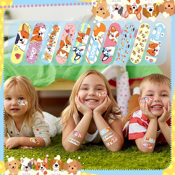 Patelai 300 Pieces Kids Bandages Bulk 10 Styles Children's Adhesive Flexible Colorful Cute Cartoon Bandages Waterproof Breathable Stickers Protection Care Cuts for Girls Boys(Dog)