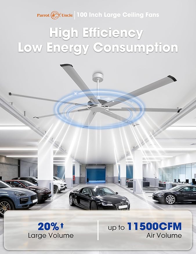 Industrial Ceiling Fans with Remote Control, 100 Inch Big Ceiling Fans without Lights for Living Room Shop Garage Bedroom Indoor Outdoor, 6-Speed Reversible DC Motor, Dimmable, 3CCT, Timer