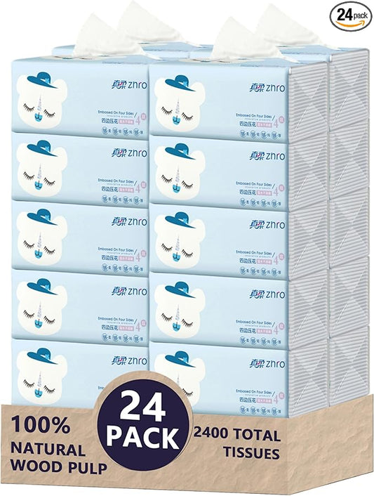Zhro Ultra-Soft 4-Ply Tissues, 24 Hypoallergenic Packs (5.6x3.6x2.7 Inch) - 2400 Sheets Bulk Supply, Desk/Car/Bag Friendly, Lint-Free & Durable