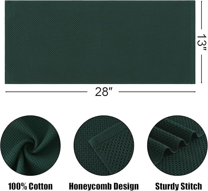 Kitinjoy 100% Cotton Waffle Weave Kitchen Towels, 4-Pack Super Soft and Absorbent Dish Towels for Drying Dishes, Kitchen Hand Towels, 13 in x 28 in, Blackish Green