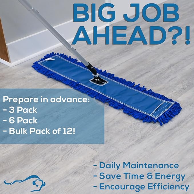 KLEEN HANDLER 36 Inch Microfiber Dust Mop Bulk Pack of 12, Large Washable Commercial Mop Head Replacement, Sweeper, Janitorial Supplies, Blue