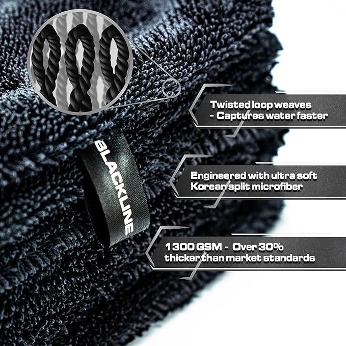 Blackline 24"x36" Twisted-Loop Drying Towel, 1300GSM, Streak Free, Lint Free, Reusable - Car Accessories, Bath Towels, Microfiber Cleaning Cloth - One Pass is All You Need