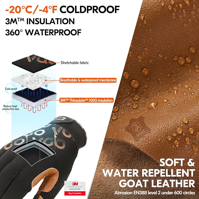 Vgo... 1-Pair -4? or above 3M Thinsulate C100 Winter Warm Waterproof Light Duty Mechanic Glove, High Dexterity, Anti-abrasion, Rigger Glove (Size XL, Brown, GA9603FW)