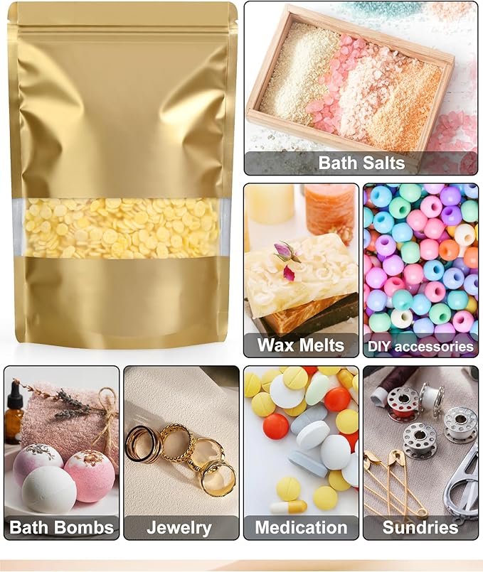 FireKylin 100 Pack Smell Proof Bags 7.9" x 11.8", Resealable Bags with Matte Window, Foil Pouch Stand Up Sealable Bags for Packaging(Gold)