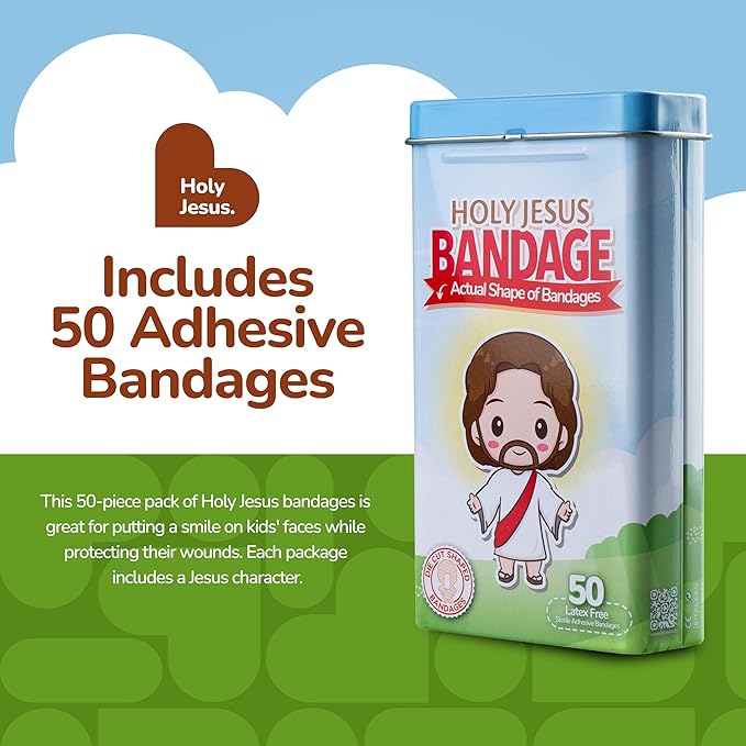 BioSwiss Kids Bandages, Holy Jesus Shaped Self Adhesive Bandage Set, Latex Free, Sterile Wound Care, 50 Count