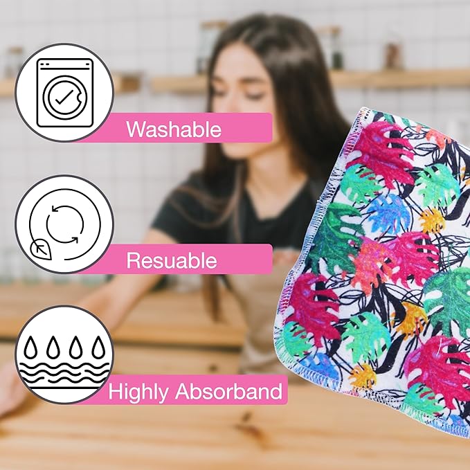 Pack of 10 Reusable Paper Towels | 10x10 Inch Cotton Towels | Kitchen Utensils Print | Eco Friendly, Washable, Quick Drying | Sustainable Cleaning Cloths | Colorful Leaves