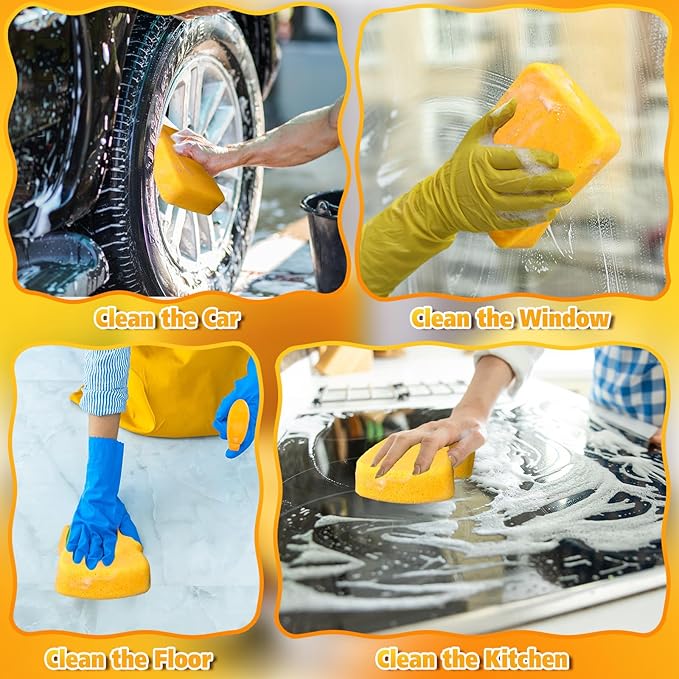 Tioncy 12 Pcs Large Sponges Bulk 7.5 x 5.5 x 1.9 Inch Grouting Car Wash Foam Cleaning and Washing Sponge Commercial Foam Large All Purpose for Cleaning Dishes Car Tile Bike (Yellow)