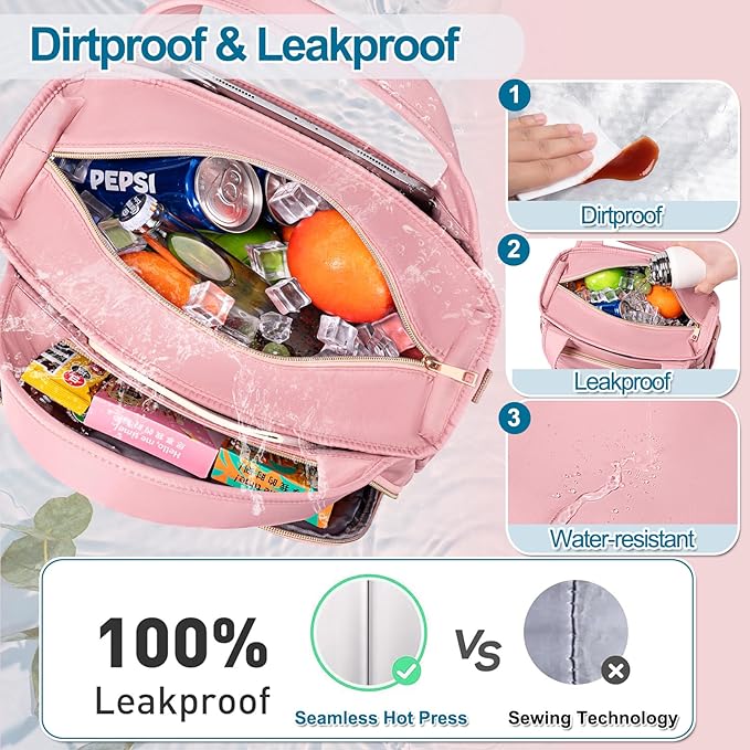 Lunch Bag Lunch Box Women - Insulated Lunch Tote Bag for Women Men, Leakproof Large Womens Lunch Bags for Work, Lunch Cooler Bag for Adult with Side Pocket for Picnic, Hiking, Beach (Pink)