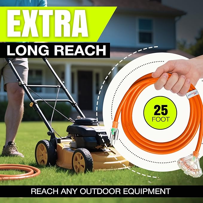 25ft Outdoor/Indoor Extension Cord 3-Outlet 12/3 Gauge Extra Heavy Duty ETL Listed, 3 Prong SJTW, Waterproof, Flexible Cold-Resistant Long Power Cord,15A 125V 1875W, Orange by LifeSupplyUSA