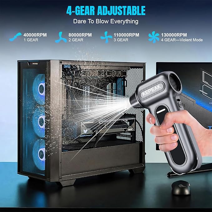 KEPEAK Electric Compressed Air Duster, 130000RPM Cordless Rechargeable Air Duster with Brushless Motor, 4 Gear Adjustable Dust Blower for Computer, Keyboard, Home & Outdoor