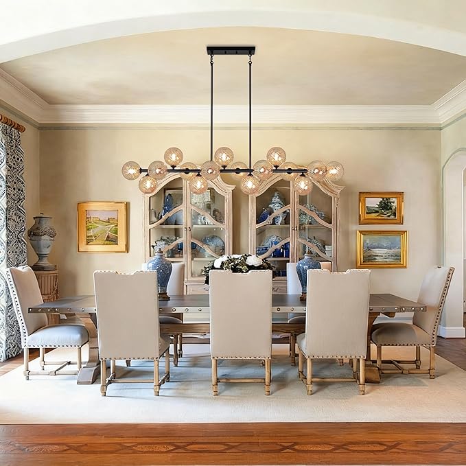 Dining Room Light Fixture, 55" Modern Chandelier Linear Sputnik Chandeliers with Amber Swirled Globe Farmhouse Chandeliers for Dining Room Kitchen island 16 Lights Large Chandelier for High Ceiling