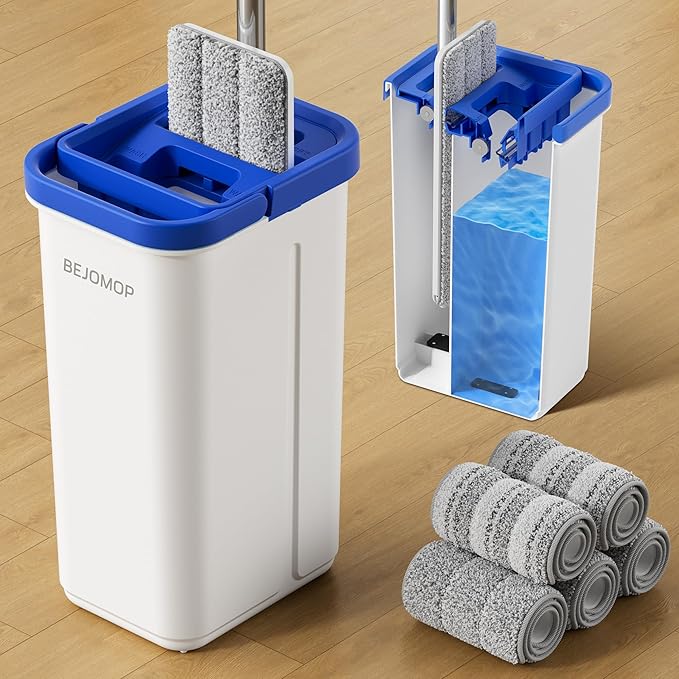 Mop and Bucket Set with Wringer, Dry & Wet Dust Mop for Household Floor Cleaning with 5 Microfiber Mops, Flat Squeeze Spin Wall Mop Cleaner with Long Handle, Slate Blue