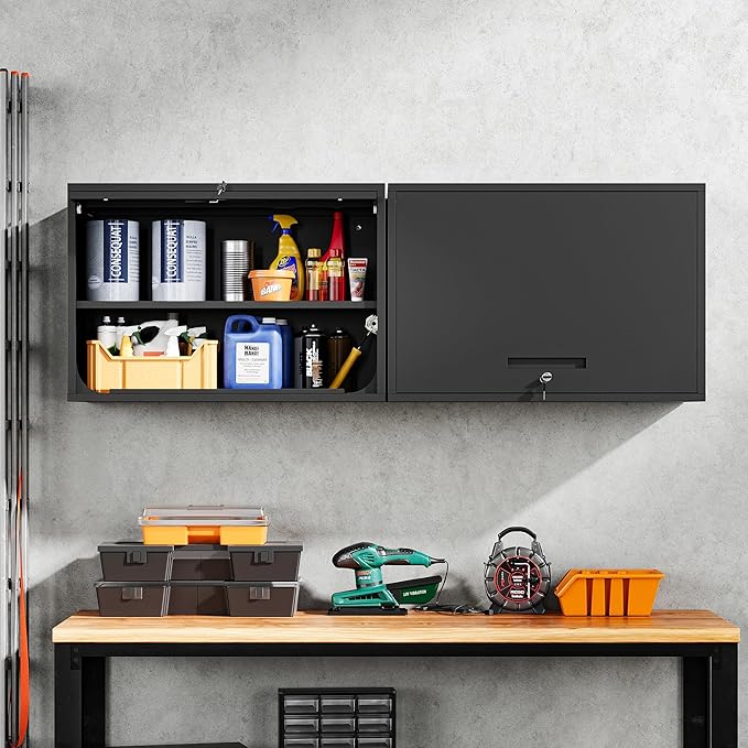 Yizosh Metal Garage Wall Cabinet with Doors and Shelves, Wall Mounted Metal Storage Cabinet, Floating Garage Tool Cabinet for Garage, Basement, Kitchen, Warehouse (Black, 21.6" H)