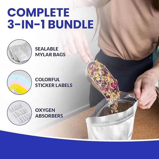 60-Pack 14 Mil Mylar Bags with Oxygen Absorbers, Gusseted 5 Gallon(10), 1 Gallon(20) & 1 Quart(30) Bags with 2500cc, 500cc & 300cc OA - Resealable Mylar Bags for Food Storage with Colourful labels