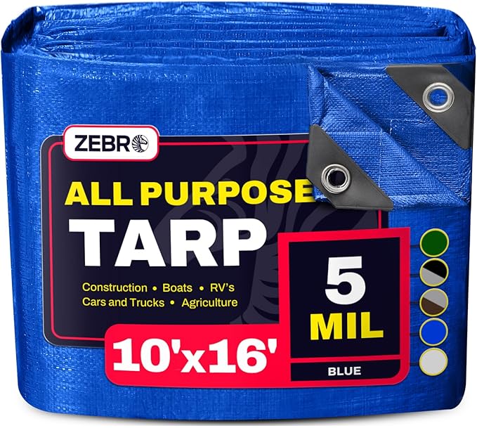 10' x 16' Blue Tarp with Grommets Reinforced - 5 Mil Thick - Durable UV Resistant Plastic Tarps Waterproof - Large Tarpaulin Cover for Outdoor Camping Over/Under Tent Tarp RV Roof Rain - Zebro