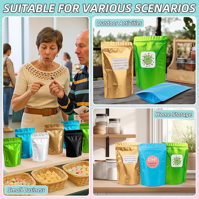 FUNFERY 3.5x5.1 inch Stand Up Mylar Resealable Bags for Food Storage,Smell Proof Foil Pouch,Food Packaging Sealable Bags,Mylar Zipper Bag for Jerky,Candy,Cereal,Coffee, Cards,Blue,50 Pack