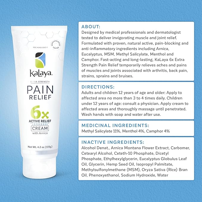 Kalaya Pain Relief Cream with Arnica for Muscles and Joints – 6 Natural Active Ingredients - Dermatologist Tested - 4.2 oz (Pack of 3)