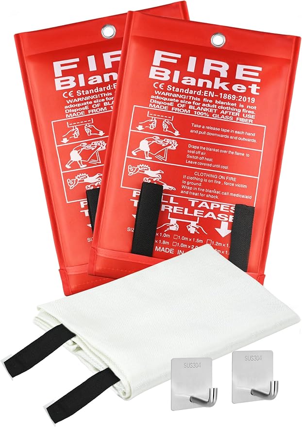 Fire Blanket Emergency for Home and Kitchen, 40" x 40", Fiberglass Suppression Fire Retardant Blankets for Office, Car, Warehouse, Fireplace, Grill Safety (2 Pack)