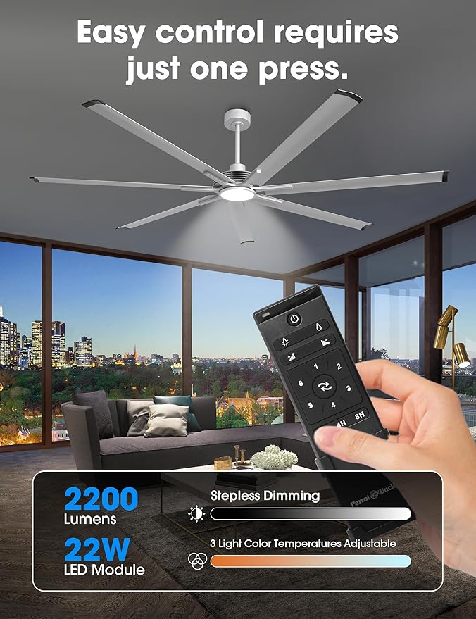 100 Inch Ceiling Fans with Lights, Industrial Ceiling Fan and Remote for Living Room Shop Garage, Large Outdoor Ceiling Fans for Patios, 7 Aluminum Blades, Reversible DC Motor, Dimmable, Timer