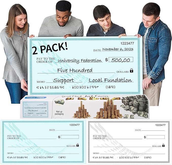 【2-Pack】30x16 Inch Big Check Giant Check Double-Sided Dry Erase Award Check | Waterproof Laminated Presentation Plaques for Presentations | Includes 2 Black Markers (Green & Black)