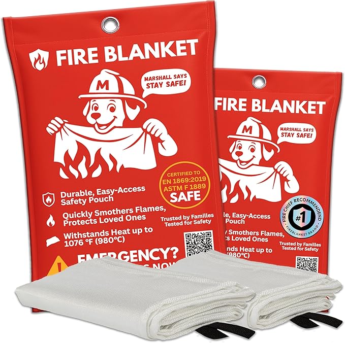 Marshall Fire Blankets Emergency for Home 2 Pack – 40x40 Fire Blanket Made in The USA. Fire Suppression for Kitchen, Business, Car, RV. Less of A Mess Than A Fire Extinguisher. Non-Toxic, Food Safe.