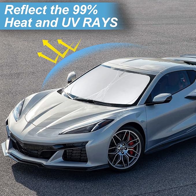 Sunshade for Chevy Corvette Windshield Sun Shade for Chevrolet Corvette C8 2020-2024 2025 2026 Grand Sport Corvettes Accessories Foldable Sun Visor Protector Front Window Shield Cover Block UV Rays