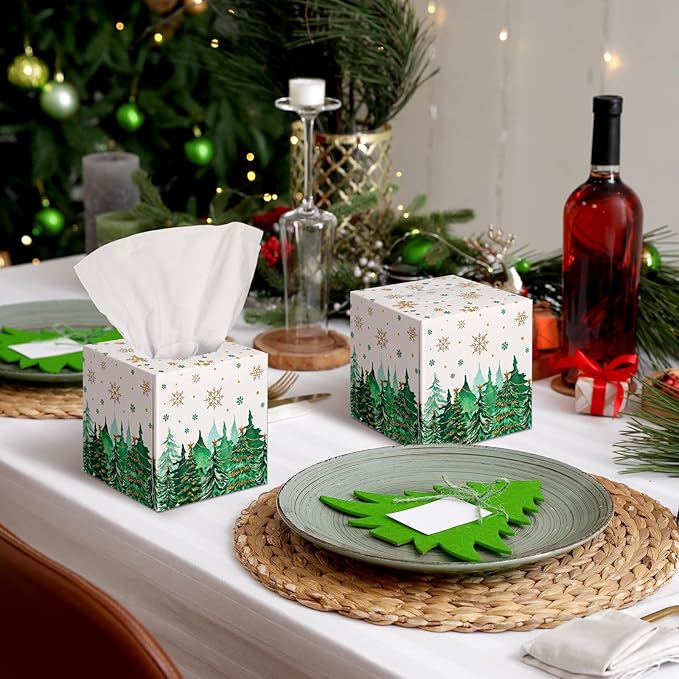 Bencailor 12 Pack Snowflake Facial Tissues Cube Boxes Winter Christmas Tree Square 600 Sheets 3 Ply Small Tissues Cube Boxes for Home Car Accessories(Green,Christmas Tree)