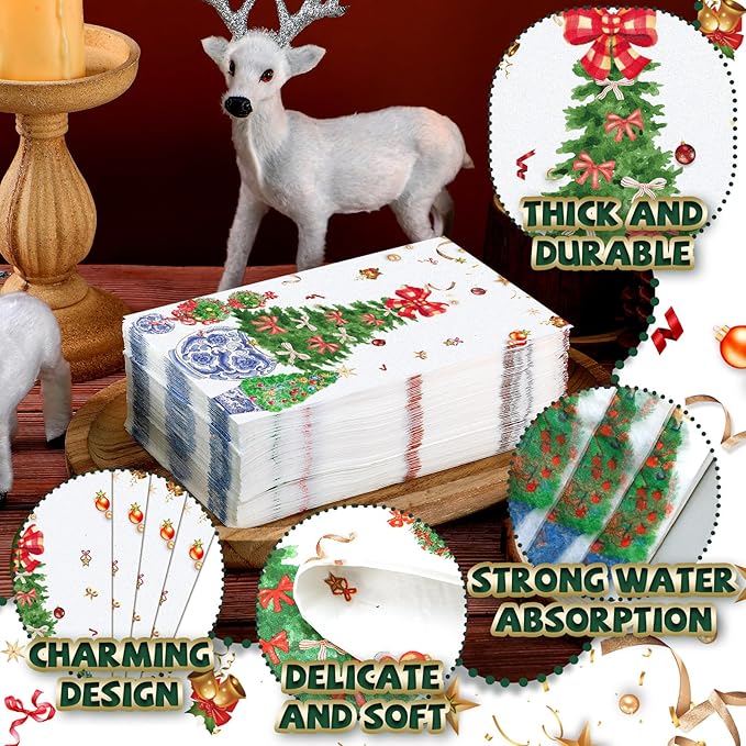 Jetec 200 Pcs Christmas Guests Napkins Disposable Hand Towels for Bathroom Christmas Tree Decorative Disposable Guests Napkins Topiary Trees Paper Guest Towels for Xmas Holiday Kitchen Dining Table