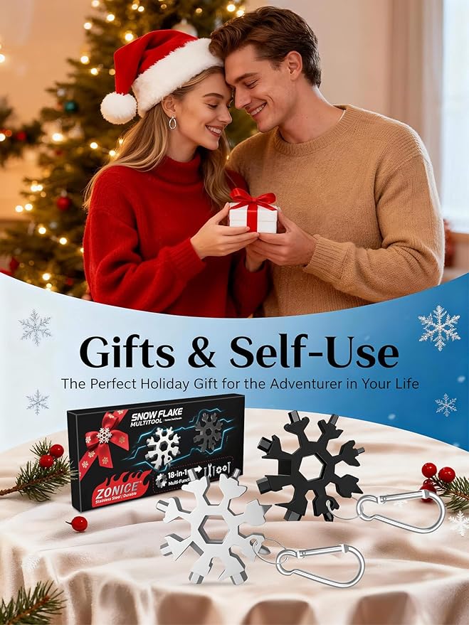 Christmas Gifts for Men 2025 - Stocking Stuffers for Him,18-in-1 Snowflake Multi Tool 2 Pack,Stainless Steel Multitool with Carabiner & Bottle Opener,Holiday Gift for Dad,Husband,Brother(Silver+Black)