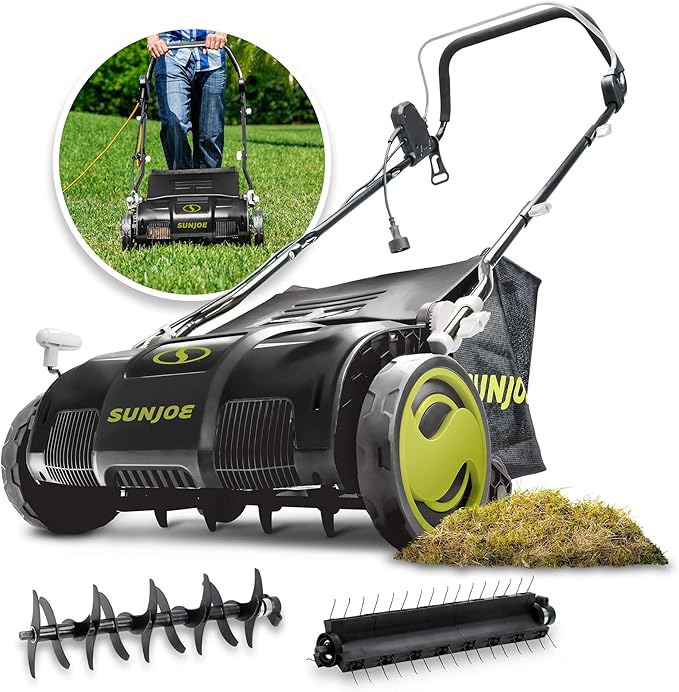 Sun Joe Corded Dethatcher & Scarifier with 13.2-Gal Bag, 15-Inch Cutting Width, 13-Amp Motor - Heavy-Duty Yard Trimmer for Gardening Care and Lawn Maintenance, AJ805E