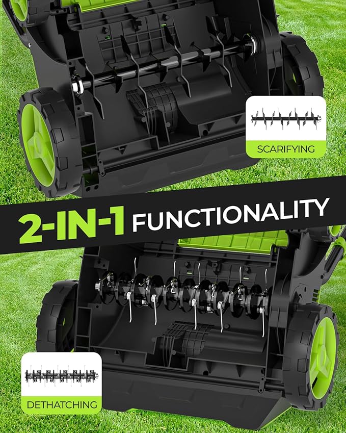 2-in-1 Electric Dethatcher and Scarifier, 13-Inch Raking & Scarifying, Turf Dethatcher & with 4-Position Height Adjustment, 14.5 gal Removable Thatch Bag for Lawn Health