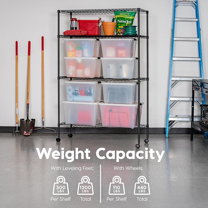 IRIS USA 4-Tier Shelves, 48"L x 18"W x 73"H (Up to 1200 lb), Adjustable Garage Shelving Heavy Duty, Metal Storage Shelves Wire Rack, Removable Locking Wheel, Shed Office Kitchen Garage Organizer Shelf