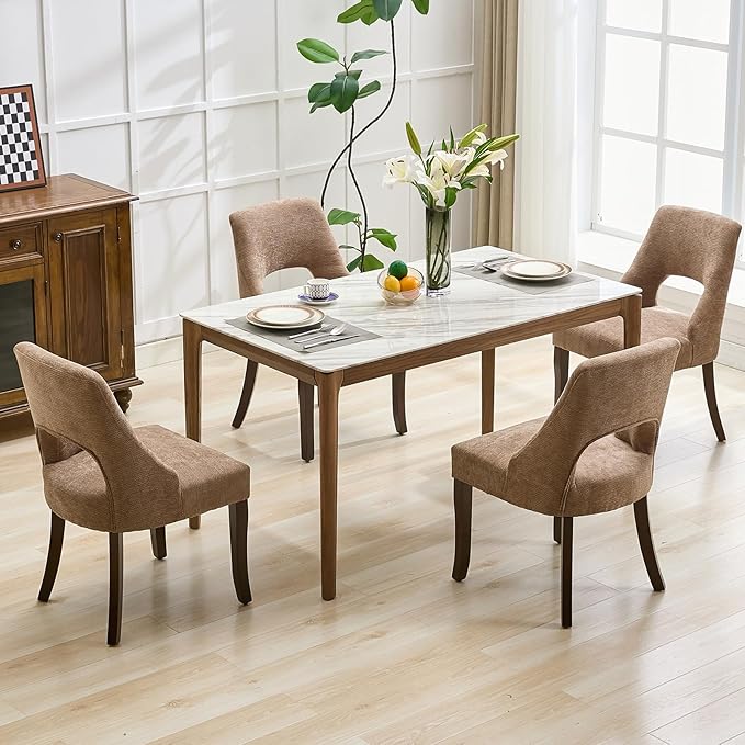 UVV Wooden Dining Chairs Set of 4, Mid Century Modern Upholstered Dining Room Chair Kitchen Chairs, Chenille Dinner Chair with Solid Wood Legs for Kitchen Dining Room, Khaki-Chenille