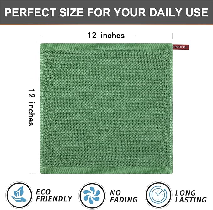 Kitinjoy 100% Cotton Kitchen Dish Cloths, 8 Pack Waffle Weave Ultra Soft Absorbent Dish Towels for Drying Dishes Quick Drying Kitchen Towels Dish Rags, 12 X 12 Inches, Grass Green