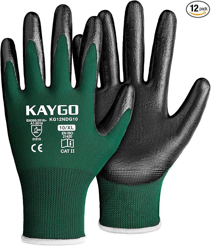 KAYGO Work Gloves Nitrile Coated, 12 Pairs KG12N，Seamless Knit, Protective Safety Work Gloves with Good Grip for General Work,green, XL