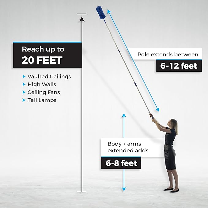 Extension Rod & Blue Extension Cobweb Duster Ultimate Dusting Kit - Extendable Reach 20 feet, Ceiling Fan Duster, Long Handle Aluminum Telescoping Pole, Webster Duster for Cleaning