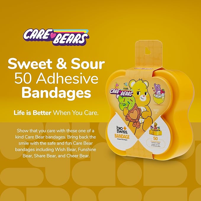 BioSwiss Care Bears Kids Bandages, Sweet and Sour Care Bear Shaped Self Adhesive Bandage Set, Latex Free, Sterile Wound Care, 50 Count
