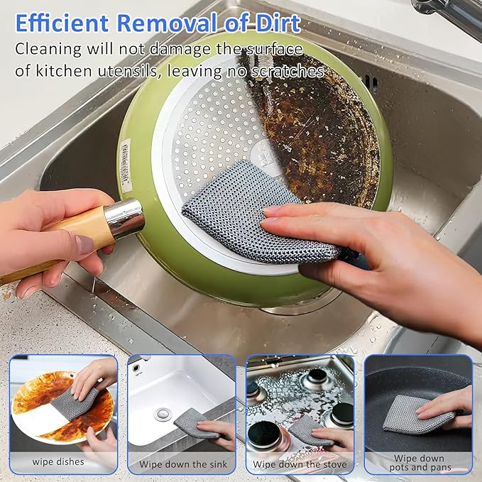 316L Stainless Steel Cast Iron Scrubber Cleaner,Chain Mail Scrubber with Silicone Insert for Cast Iron Skillet, Cleaning Steel Skillet, Wok, Carbon Steel (10CM*12CM)