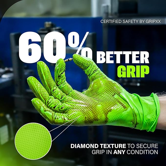 Herkules Grip Heavy Duty 8Mil Green Nitrile Gloves,3D Raised Diamond Texture-Latex & Powder Free-Industrial, Mechanic | Bulk Case of (1000 CT)