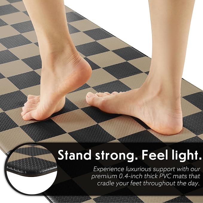 Checkered Kitchen Mats for Floor Set of 2, 2 Pcs Cushioned Non Slip Runner Rugs for Kitchen/Sink/Laundry, Comfort Aesthetic Cute Anti-Fatigue Foam Floor Mat (Brown/Black)