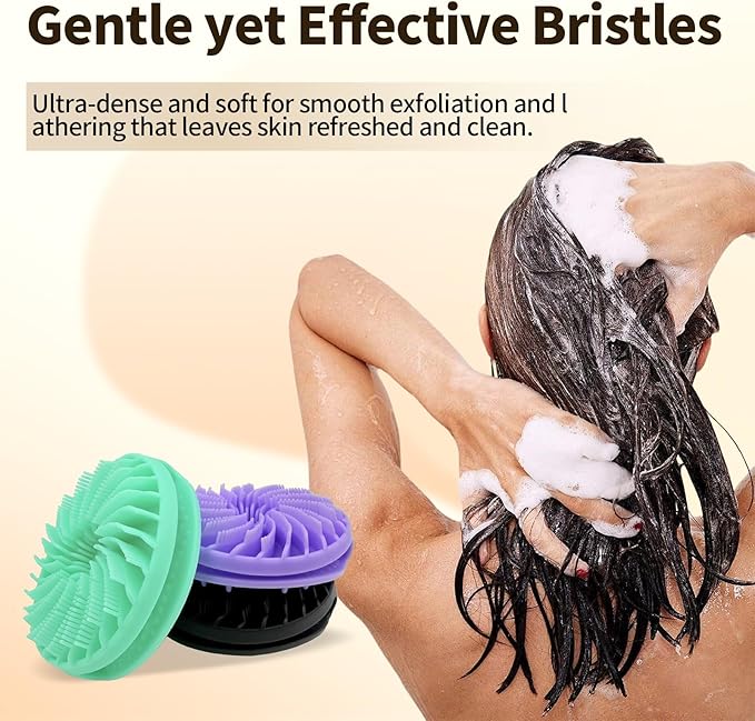 3-Pack Silicone Body Scrubber – Exfoliating Shower Brush for Sensitive Skin, Soft & Durable Body Scrubber for Gentle Cleansing and Relaxing Massage (Black + Teal + Purple)